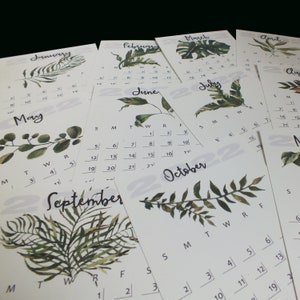 Petit calendrier de bureau aquarelle feuilles, plantes, jardin, feuillage ; 2024-2025 Papeterie