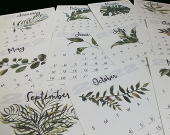 Watercolour leaves, plants, garden, foliage small desk calendar; 2024-2025 Stationery