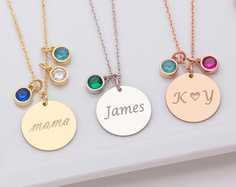 Couple necklace, Gold Disc Necklace, Personalized Dainty Necklace with Birthstone, Custom Disc Name Necklace, Christmas Gifts, Birthday Gift