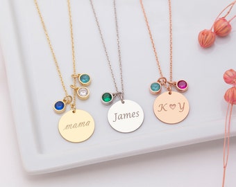 Couple necklace, Gold Disc Necklace, Personalized Dainty Necklace with Birthstone, Custom Disc Name Necklace, Christmas Gifts, Birthday Gift