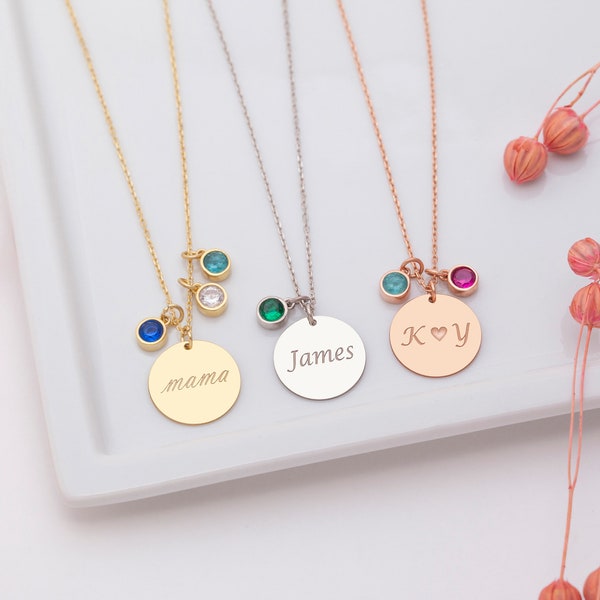 Personalized Dainty Disc Necklace with Birthstone, Custom Disc Name Necklace, Initial Disc, Gift for Her, Christmas Gifts, Birthday Gift