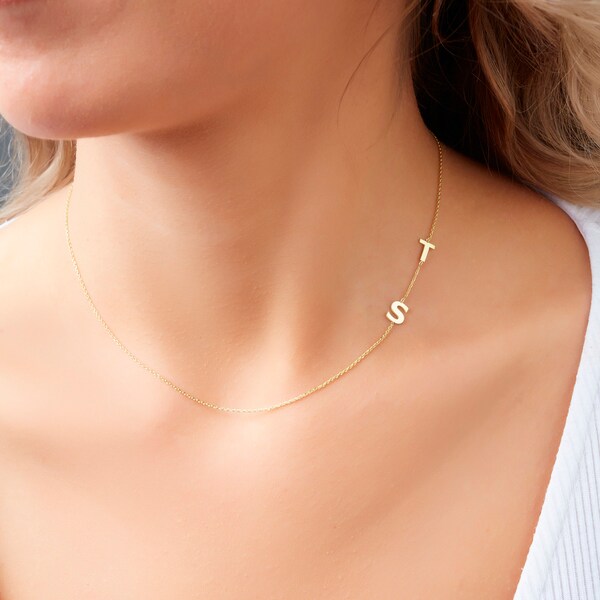 14K Sideway Solid Gold Custom Letter Necklace, 14K Gold Initial Necklace, 14K Gold Christmas Gift Necklace , 14K Gold Birthday Gift