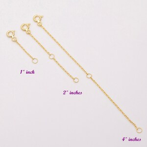 May include: Three gold chain extenders in different lengths: 1 inch, 2 inches, and 4 inches. The extenders are made of a delicate chain and have a lobster clasp on one end and a jump ring on the other.