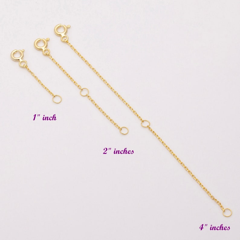 May include: Three gold chain extenders in different lengths: 1 inch, 2 inches, and 4 inches. The extenders are made of a delicate chain and have a lobster clasp on one end and a jump ring on the other.