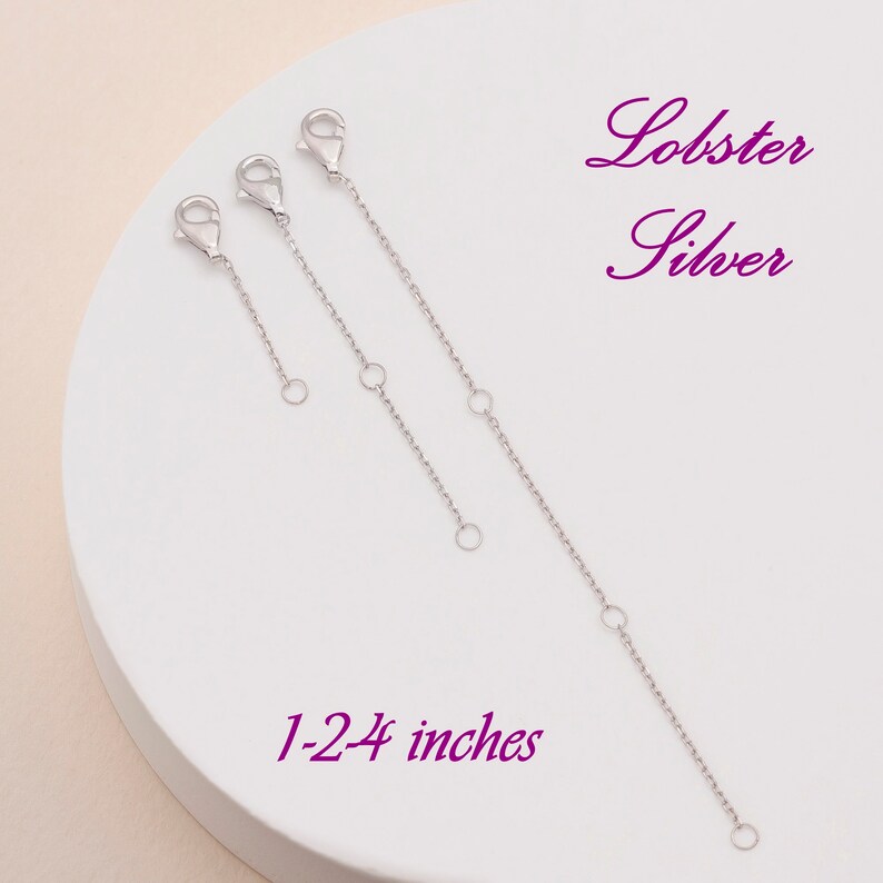 May include: Three silver lobster clasp extender chains, measuring 1-24 inches. The chains are on a white background.