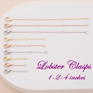 May include: A set of eight gold, rose gold, and silver lobster clasps in various lengths from 1 to 4 inches.