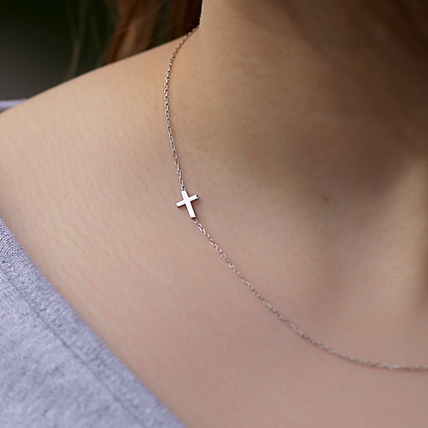 Tiny Cross Necklace , First Communion Gift , Sideway Gold Cross Necklace , Small Cross Necklace , Minimalist Tiny Necklace