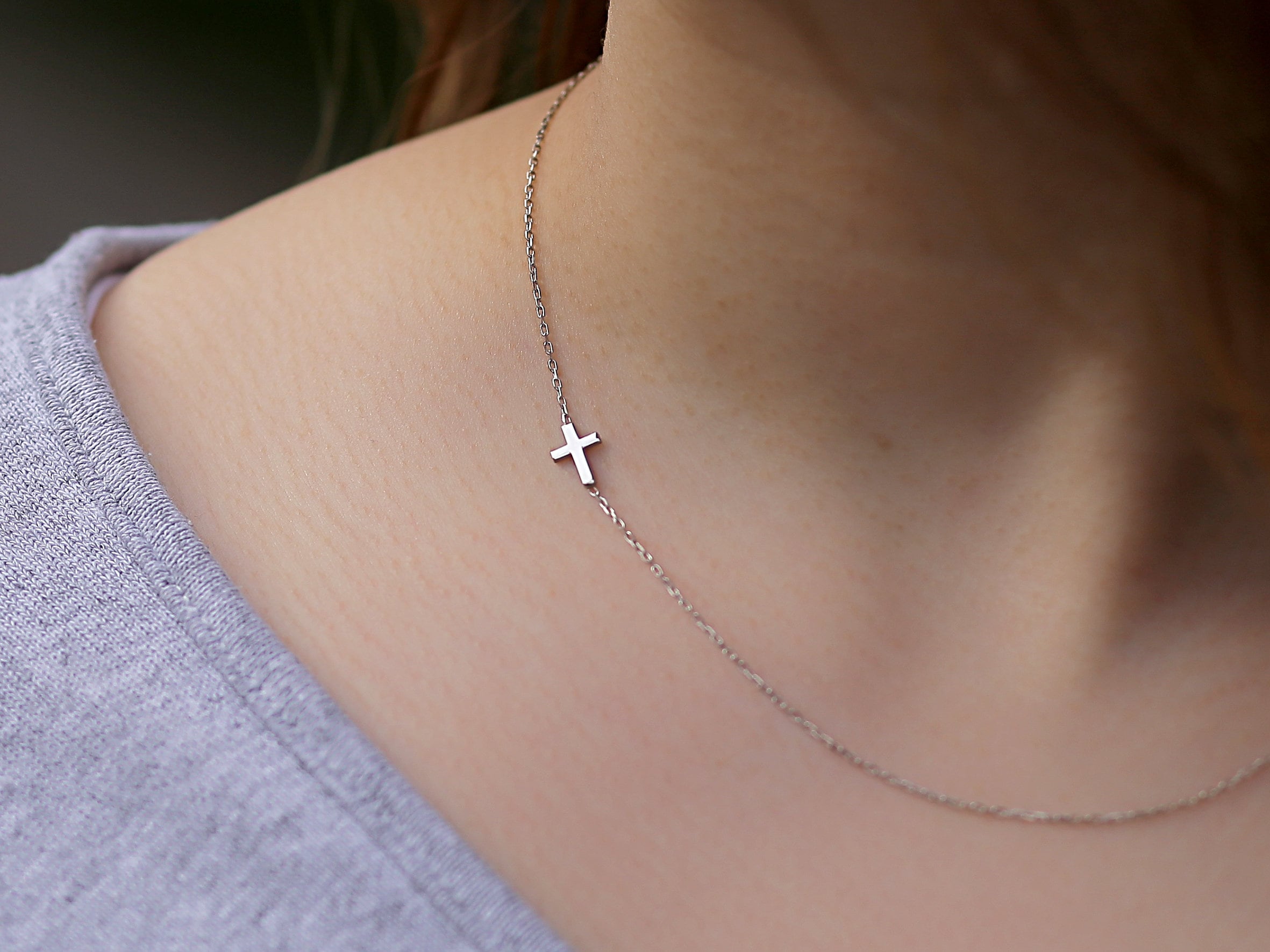14K Rose Gold Plated Stainless Steel 316L Sideways Cross Pendant Necklace 16.5"