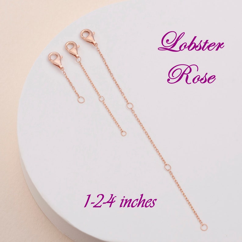 May include: Three rose gold lobster claw clasps in different lengths, 1-24 inches.