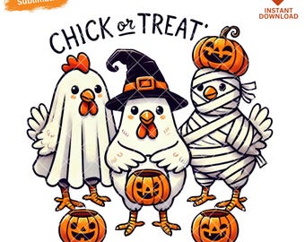 Chick or Treat png, grappige Halloween-kip, Witch Ghost-kippen, Halloween-boerderijdier, Pumpkin Mummy Chicken-sublimatie