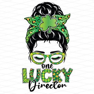May include: A digital illustration of a woman with a messy bun, wearing green and gold glasses and a green and gold headband with a shamrock. The text "one lucky direction" is written below the woman.