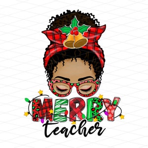 Merry Teacher Afro Messy Bun Png, Christmas Messy Bun Png, Buffalo Plaid Teacher, African American Headband Sunglasses, School Sublimation