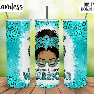 Ovarian Cancer Warrior Afro Messy Bun Tumbler Png, Ovarian Cancer Awareness Sublimation, Leopard Print, Seamless 20 oz Skinny Tumbler Png