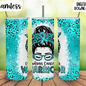 Ovarian Cancer Warrior Messy Bun Tumbler Png, Ovarian Cancer Awareness Tumbler Sublimation, Leopard Print, Seamless 20 oz Skinny Tumbler Png