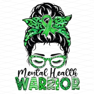 Mental Health Warrior Messy Bun  Png, Mental Health Awareness Png, Mental Health Leopard Ribbon Png, Mental Health Awareness Sublimation