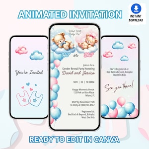 Plantilla de vídeo de invitación de revelación de género, Revelación de género animada, Globos rosas azules de oso, Evite digital electrónico, Canva de plantilla editable