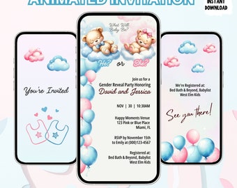 Gender Reveal Invitation Video Template, Animated Gender Reveal, Bear Blue Pink Balloons, Electronic Evite Digital, Editable Template Canva