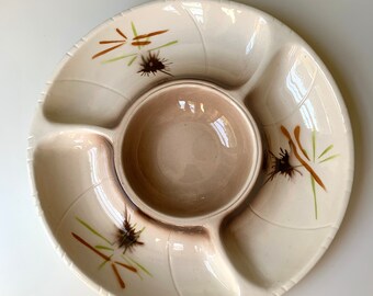 Mid Century MCM Divided Appetizer Dip Platter Plate Tray 1961 Lane Co Van Nuys California USA No 3060 Pottery Ceramic Atomic Asian Oriental