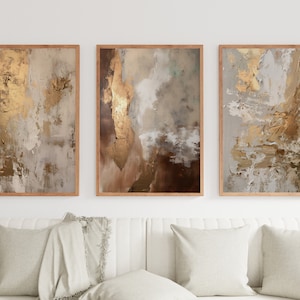Conjunto de arte de parede dourada abstrata com 3 pôsteres Conjunto de parede de galeria digital dourado bege
