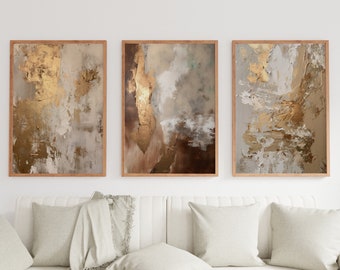 Abstract Gold Wall Art Set of 3 Poster Print Digital Gallery Wall Set Gold Beige