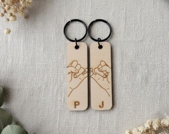Personalized wooden partner keychains, heart hands or pinky pledge, laser engraving with initials, Valentine's Day gift