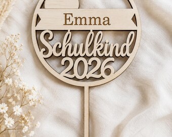 Personalized wooden cake topper for the first day of school with name – Schoolchild 2026 – Apple or schoolbag – Cake topper