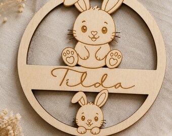 Personalized wooden nameplate with rabbit – children's room wall decoration with desired name – 15, 20 or 25 cm