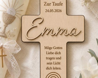 Personalized cross - wooden cross made of birch wood, beige, with blessing and motif