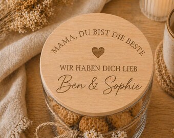 Personalized storage jar for Mom, engraved glass jar with wooden lid, gift for Mom, Mother's Day gift