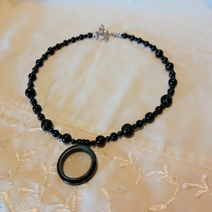 Victorian Mourning Jewelry Necklace Black Onyx Flower Gemstone Memento Mori Choker with lotus flowers and glass fob Hair Art reproduction