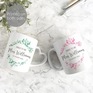 パーソナライズされた花嫁マグカップ | 花柄ユーカリマグカップ | ウェディングプランニングブライダルマグカップ | もうすぐ花嫁になる人、将来の奥さんへの婚約ギフト