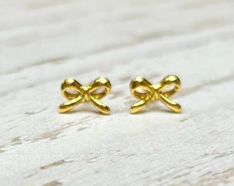 14k Gold Plated Bow Stud Earrings, Hypoallergenic Jewelry