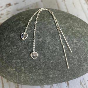 Sterling Silver Threader Earrings: Dainty Cubic Zirconia Heart Jewelry