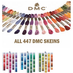 May include: A color chart of 447 DMC embroidery floss skeins. The chart is divided into four sections, each showing a range of colors. The colors are arranged in a grid pattern, with each skein labeled with its corresponding DMC number. The chart is a useful tool for cross-stitch and embroidery enthusiasts.