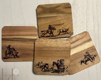 Western Cowboy Engraved Coaster Set | Rustic Wooden Coasters | Acacia Wood | Wedding Gift