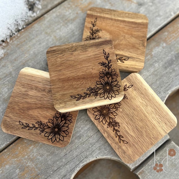 Floral Sunflower Engraved Coaster Set Rustic Wooden Coasters