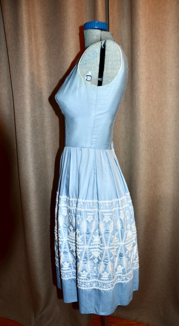 Blue Embroidered Cotton Dress 50s 60s