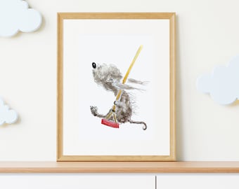 quirky dog wall art, dog on swing print, bedlington terrier birthday gift, christmas gift for dog dad, thank you gift for dog walker