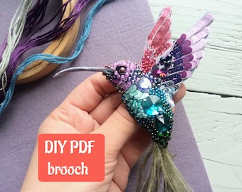 Hummingbird brooch tutorial, pattern Brooch making guide Step by step instcuction Embroidered beaded brooch, DIY brooch, PDF master class