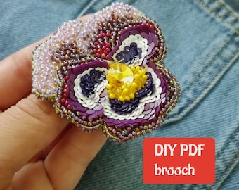 Violet brooch tutorial, pattern Brooch making guide Step by step instcuction Embroidered beaded brooch, DIY brooch, PDF master class