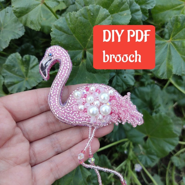 Diy brooch, embroidered brooch, tutorial brooch, beaded brooch, tutorial brooch pdf,  hand embroidered brooch, diy flamingo brooch, pink pin
