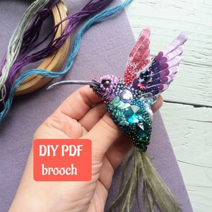 Hummingbird brooch tutorial, pattern Brooch making guide Step by step instcuction Embroidered beaded brooch, DIY brooch, PDF master class