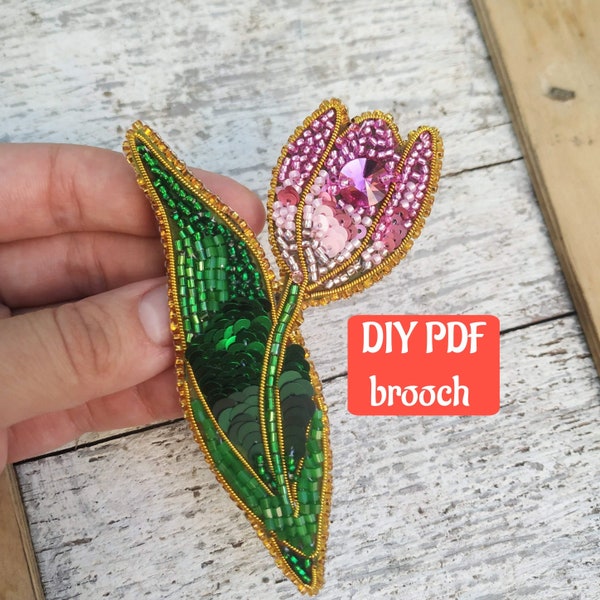 Tulip brooch tutorial, pattern Brooch making guide Step by step instcuction Embroidered beaded brooch, DIY brooch, PDF master class