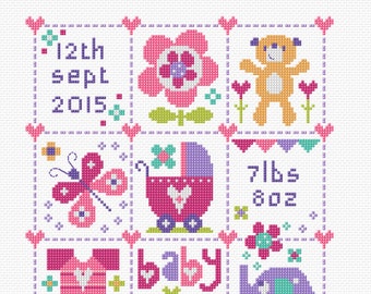The Stitching Shed Baby Girl Squares Sampler PDF Downloadable Printable cross stitch pattern. Digital cross stitch chart.