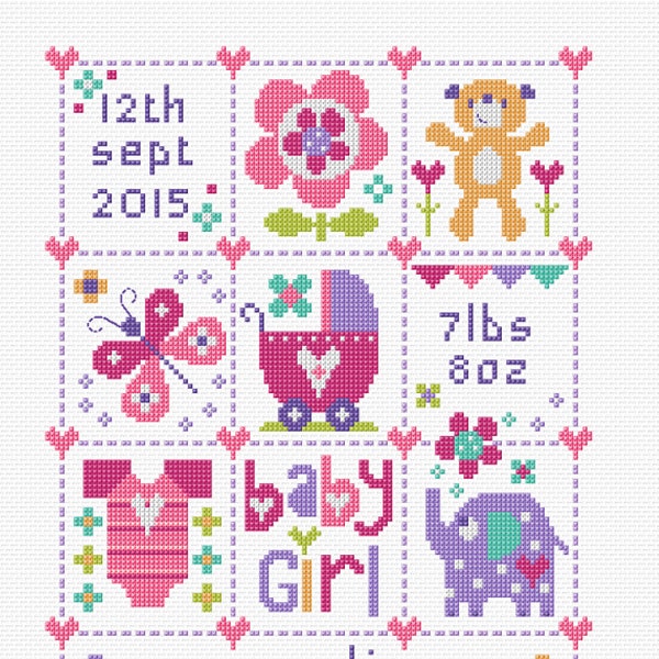 The Stitching Shed Baby Girl Squares Sampler PDF Downloadable Printable cross stitch pattern. Digital cross stitch chart.