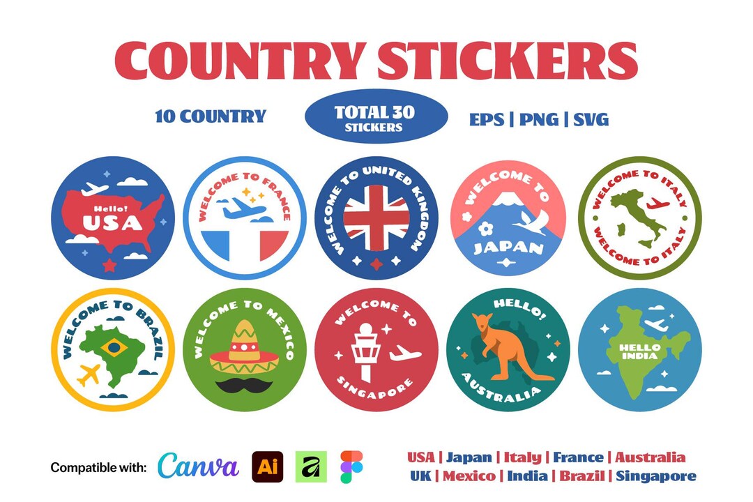 Country Stickers Bundle: 30 PNG SVG EPS Files for Digital Journal (10 ...