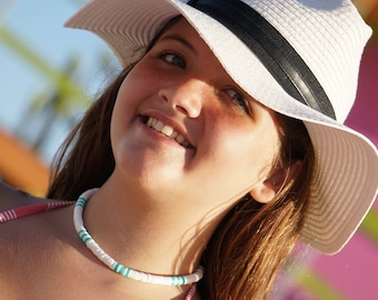 Heishi Necklace: White Teal Surf Beads, Summer Beach Choker, Boho Style Clasp