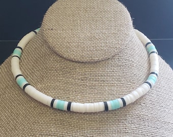Sea Foam Heishi Choker Necklace: Polymer Clay Beach Beads, Surfer Style BOHO Accessory