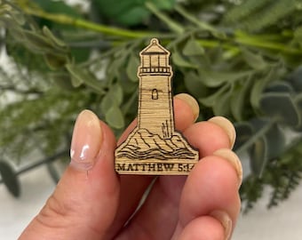 Lighthouse Wooden Pin | Laser Engraved Oak Veneer, Matthew 5:14
