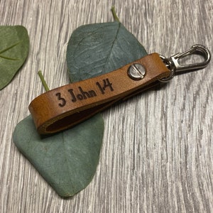 Bible Verse Engraved Leather Key Ring | Leather | Encouraging, Faith, Christian, Scripture keyring | Custom keyring | Father’s Day